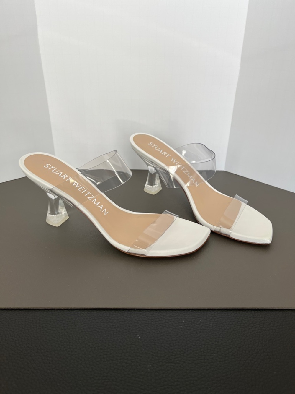 Stuart Weitzman White Sandal with Clear Straps and Lucite Heel